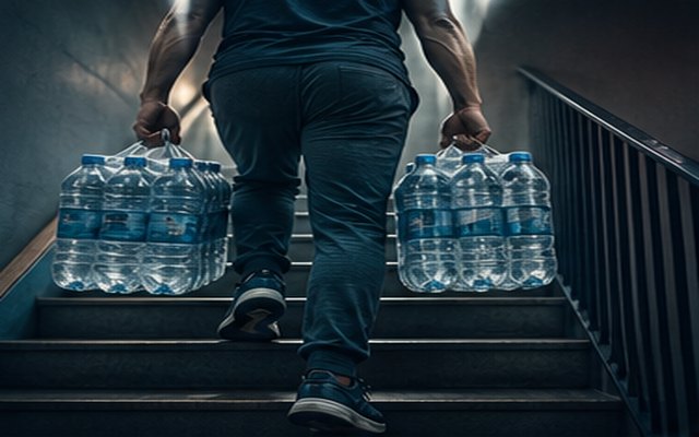 Persona che trasporta casse d'acqua pesanti