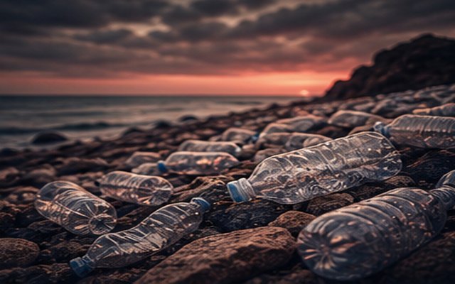 Bottiglie di plastica accumulate nell'ambiente